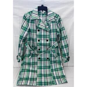 Women's Plaid Trench Coat Green/White CMB Double-Breasted with Belt Small